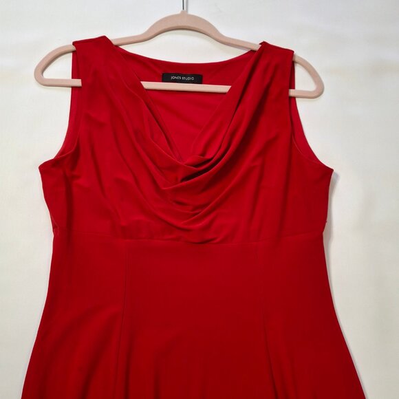Jones Studio Red Cowl Neck Midi Dress Size 6 Empire Princess Fit & Flare Stretch - Picture 2 of 12